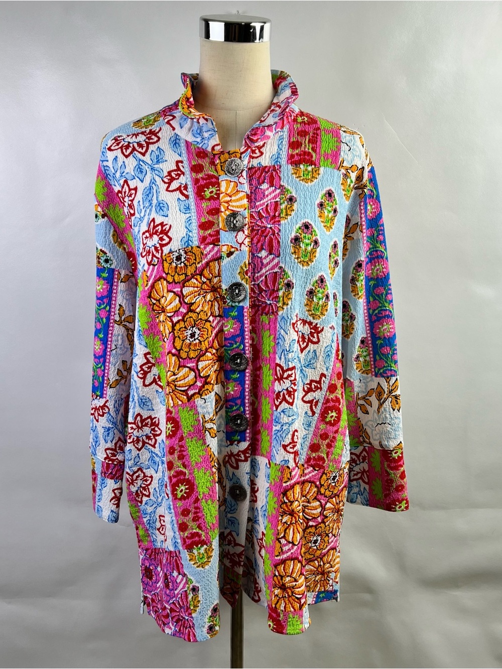 Calessa Women Multicolored Flare Sleeve Button Up Lightweight Top Size L